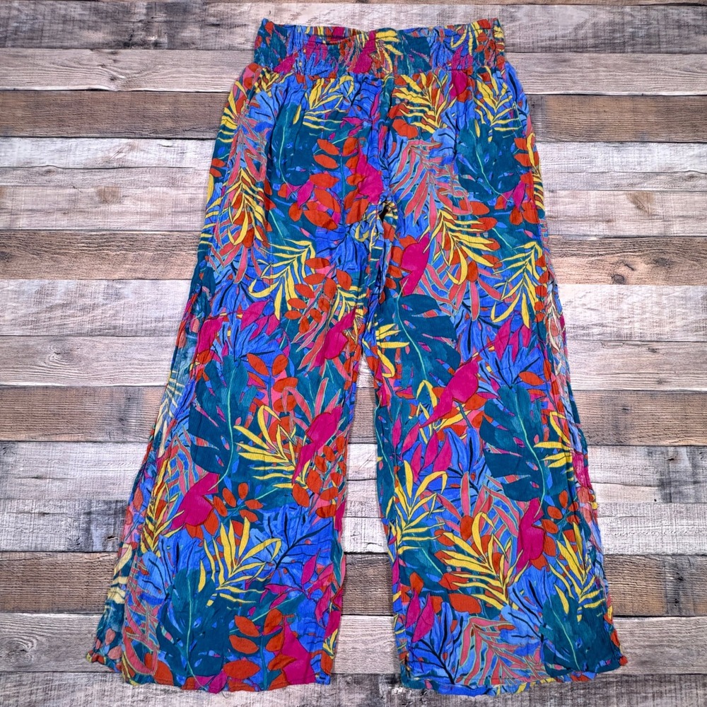 Kona Sol Womens Tropical Floral Wide Leg Beach Cover‎ Up Pants Blue Pink Medium